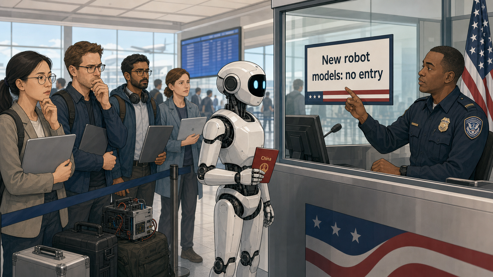 Editorial illustration of a humanoid robot at a U.S. immigration counter being turned away under a new robot model restriction.